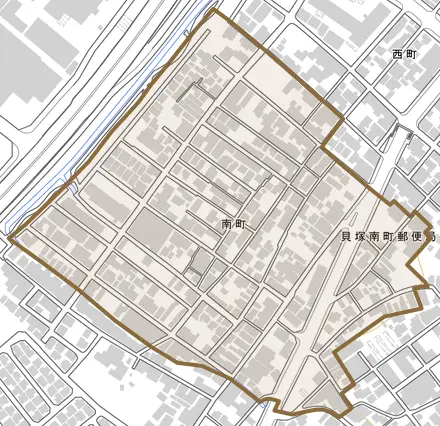 南町とその周辺の地図。町の範囲を重ねている