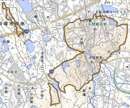 水間とその周辺の地図。町の範囲を重ねている