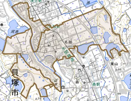 名越とその周辺の地図。町の範囲を重ねている