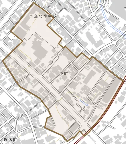 中町とその周辺の地図。町の範囲を重ねている