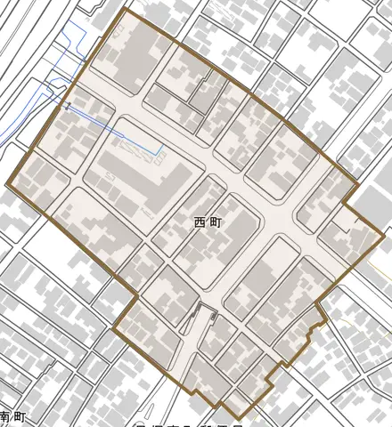 西町とその周辺の地図。町の範囲を重ねている