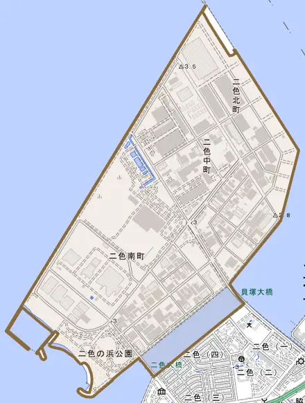 二色南町とその周辺の地図。町の範囲を重ねている