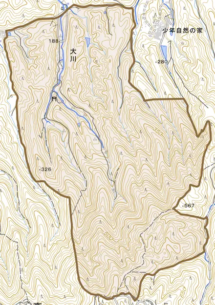 大川とその周辺の地図。町の範囲を重ねている