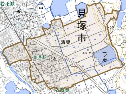 清児とその周辺の地図。町の範囲を重ねている