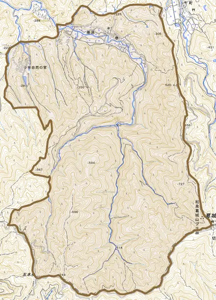 蕎原とその周辺の地図。町の範囲を重ねている