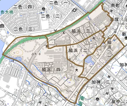 脇浜とその周辺の地図。町の範囲を重ねている