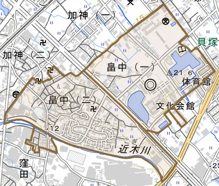畠中とその周辺の地図。町の範囲を重ねている