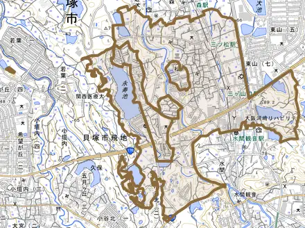 三ツ松とその周辺の地図。町の範囲を重ねている
