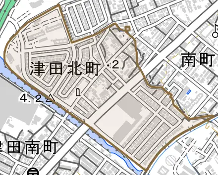 津田北町とその周辺の地図。町の範囲を重ねている