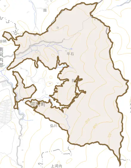 大字平石とその周辺の地図。町の範囲を重ねている