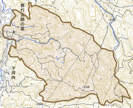 大字弘川とその周辺の地図。町の範囲を重ねている