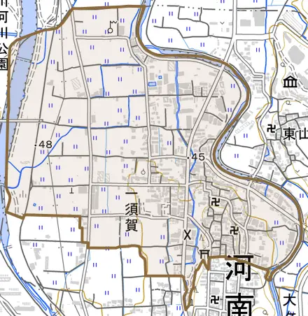 大字一須賀とその周辺の地図。町の範囲を重ねている