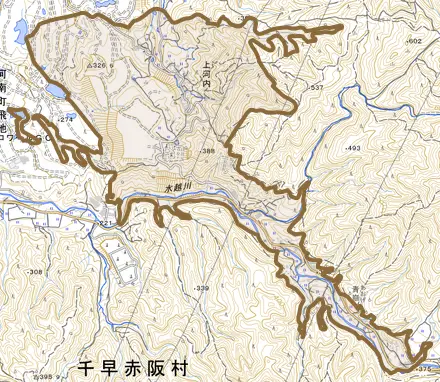 大字上河内とその周辺の地図。町の範囲を重ねている