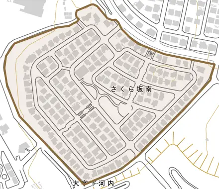 さくら坂南とその周辺の地図。町の範囲を重ねている
