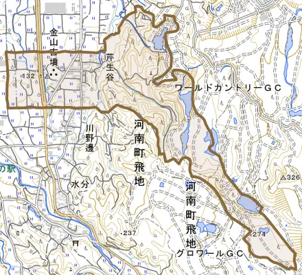 大字芹生谷とその周辺の地図。町の範囲を重ねている