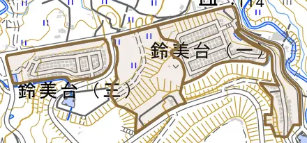 鈴美台とその周辺の地図。町の範囲を重ねている