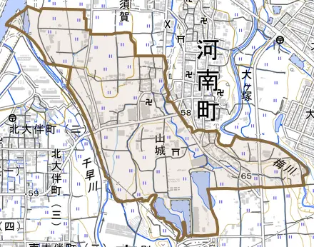 大字山城とその周辺の地図。町の範囲を重ねている