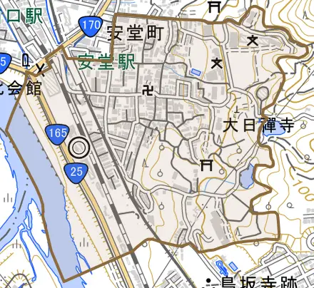 安堂町とその周辺の地図。町の範囲を重ねている
