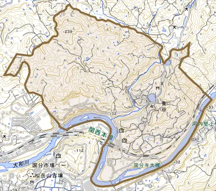 大字青谷とその周辺の地図。町の範囲を重ねている