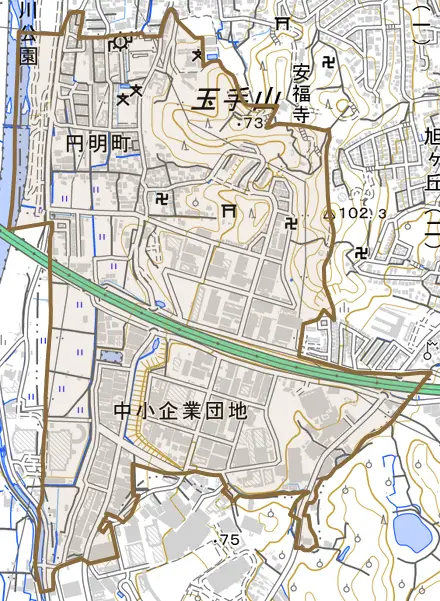 円明町とその周辺の地図。町の範囲を重ねている