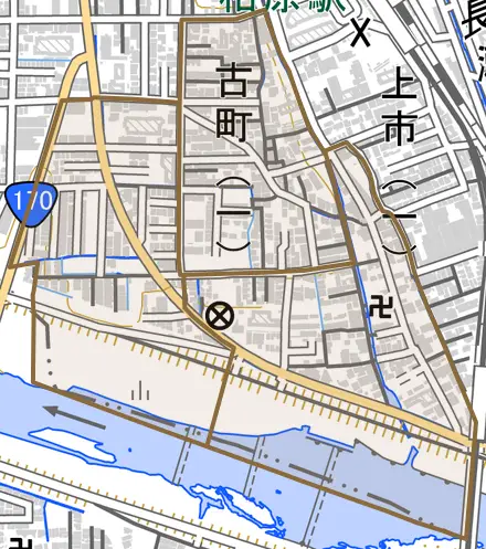 古町とその周辺の地図。町の範囲を重ねている