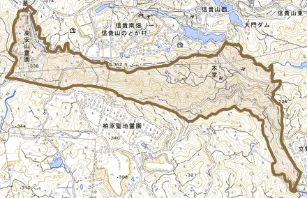 大字本堂とその周辺の地図。町の範囲を重ねている
