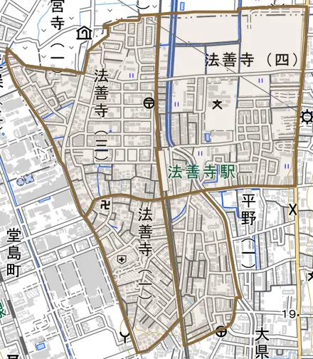 法善寺とその周辺の地図。町の範囲を重ねている
