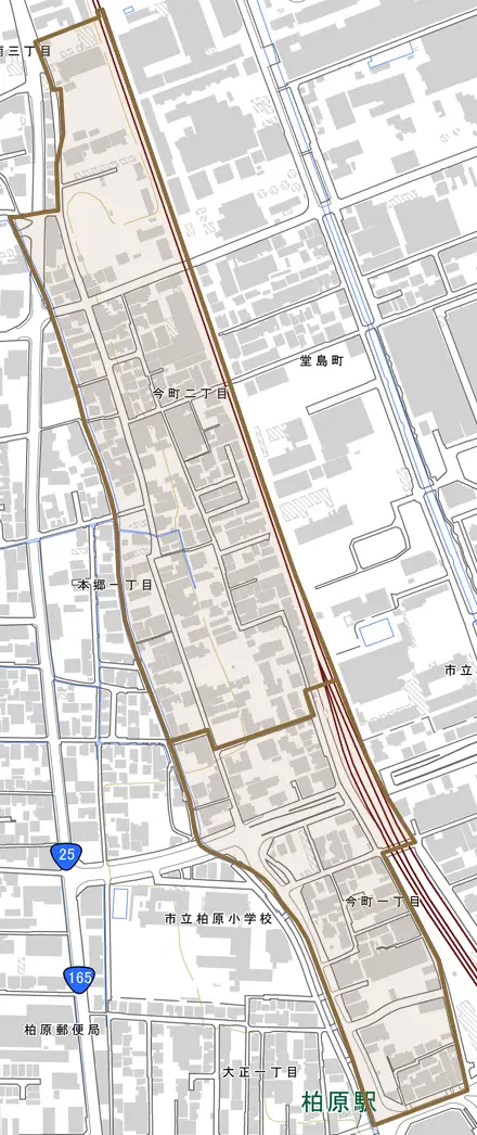 今町とその周辺の地図。町の範囲を重ねている