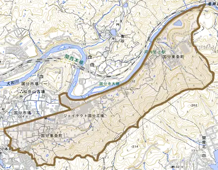 国分東条町とその周辺の地図。町の範囲を重ねている