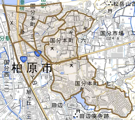 国分本町とその周辺の地図。町の範囲を重ねている