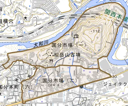 国分市場とその周辺の地図。町の範囲を重ねている