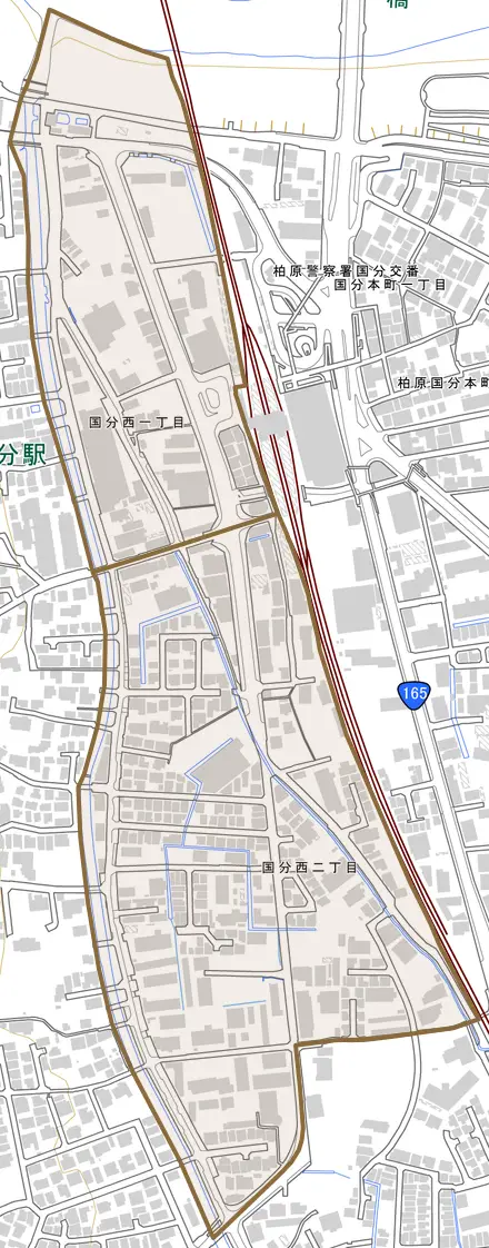 国分西とその周辺の地図。町の範囲を重ねている
