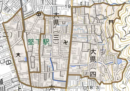 大県とその周辺の地図。町の範囲を重ねている