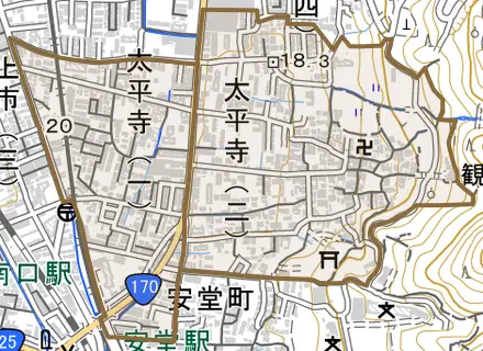 太平寺とその周辺の地図。町の範囲を重ねている