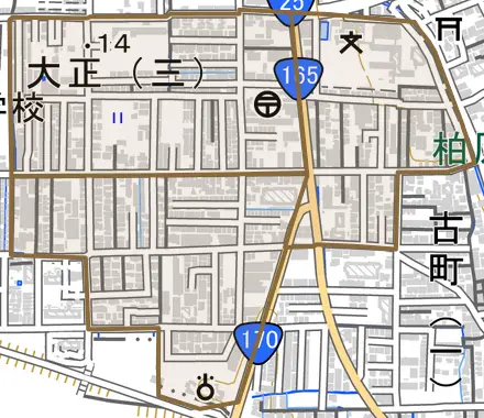 大正とその周辺の地図。町の範囲を重ねている
