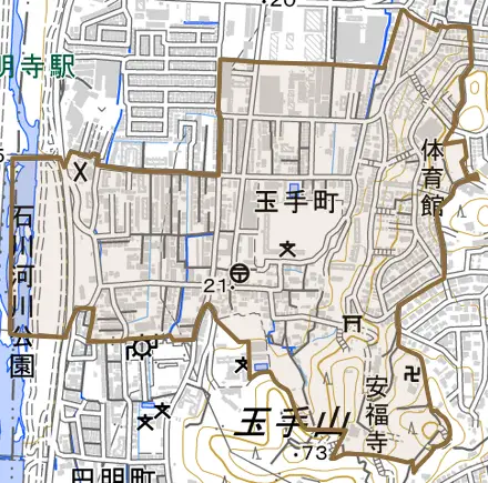 玉手町とその周辺の地図。町の範囲を重ねている