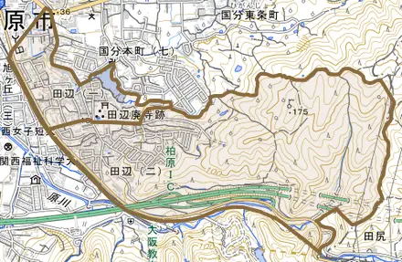 田辺とその周辺の地図。町の範囲を重ねている