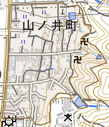 山ノ井町とその周辺の地図。町の範囲を重ねている