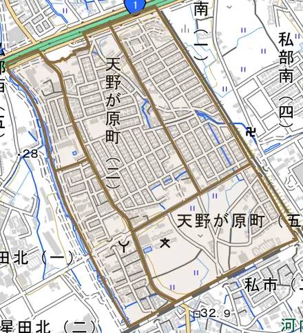 天野が原町とその周辺の地図。町の範囲を重ねている