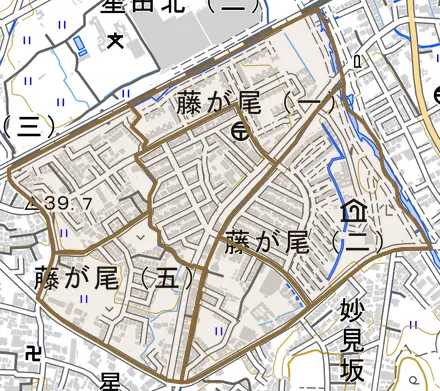 藤が尾とその周辺の地図。町の範囲を重ねている