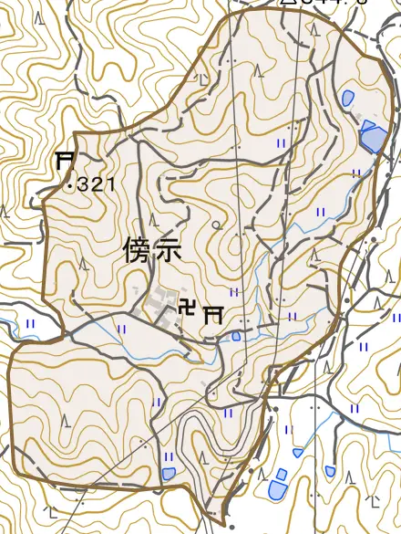 大字傍示とその周辺の地図。町の範囲を重ねている