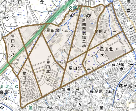 星田北とその周辺の地図。町の範囲を重ねている
