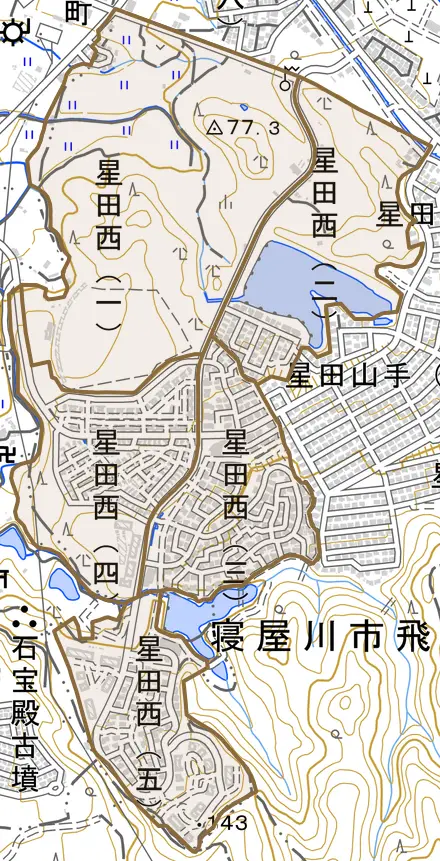 星田西とその周辺の地図。町の範囲を重ねている