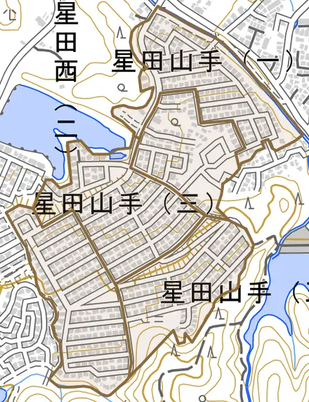星田山手とその周辺の地図。町の範囲を重ねている
