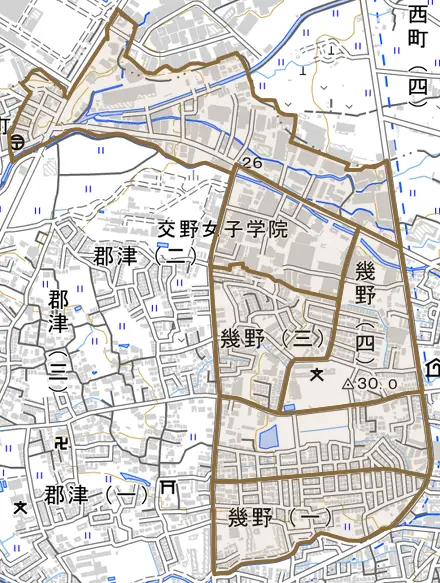 幾野とその周辺の地図。町の範囲を重ねている