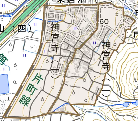 神宮寺とその周辺の地図。町の範囲を重ねている
