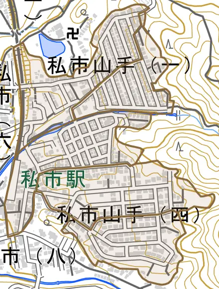 私市山手とその周辺の地図。町の範囲を重ねている