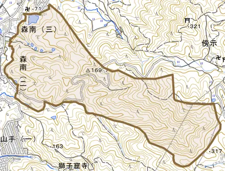 大字森とその周辺の地図。町の範囲を重ねている