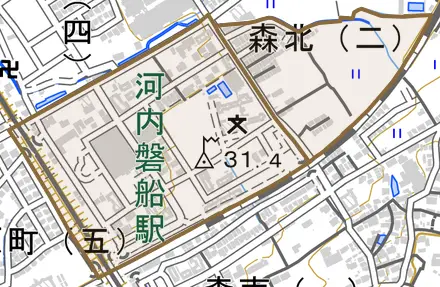 森北とその周辺の地図。町の範囲を重ねている