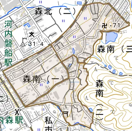 森南とその周辺の地図。町の範囲を重ねている